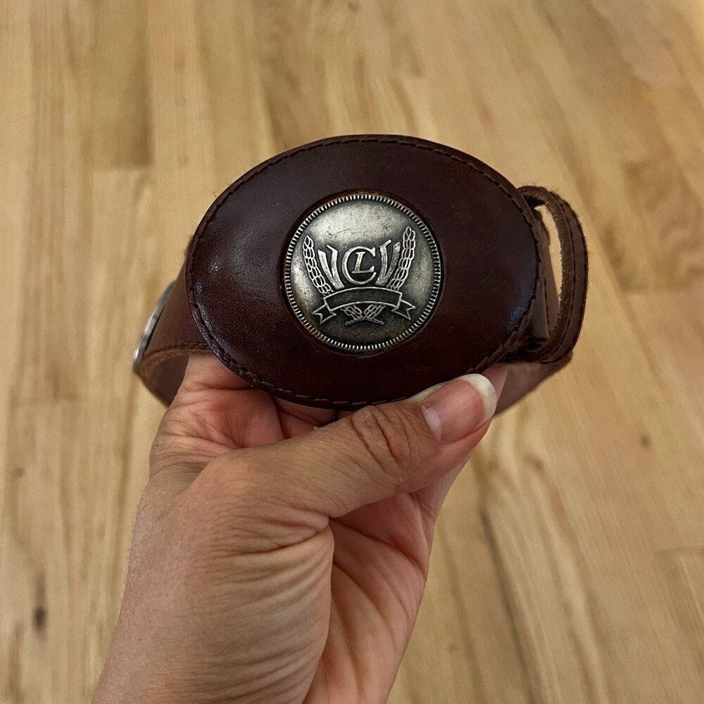 vtg leather belt Liz Claiborne logo silver studded western rodeo small wide band